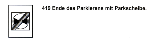 Verkehrszeichen:
Hinweissignal Parkplatz mit Parkscheibe, Ende Verkehrszeichen: Hinweissignal Parkplatz mit
Parkscheibe, Ende